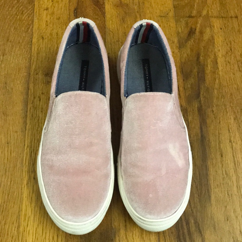 Pink velvet slip on shoes